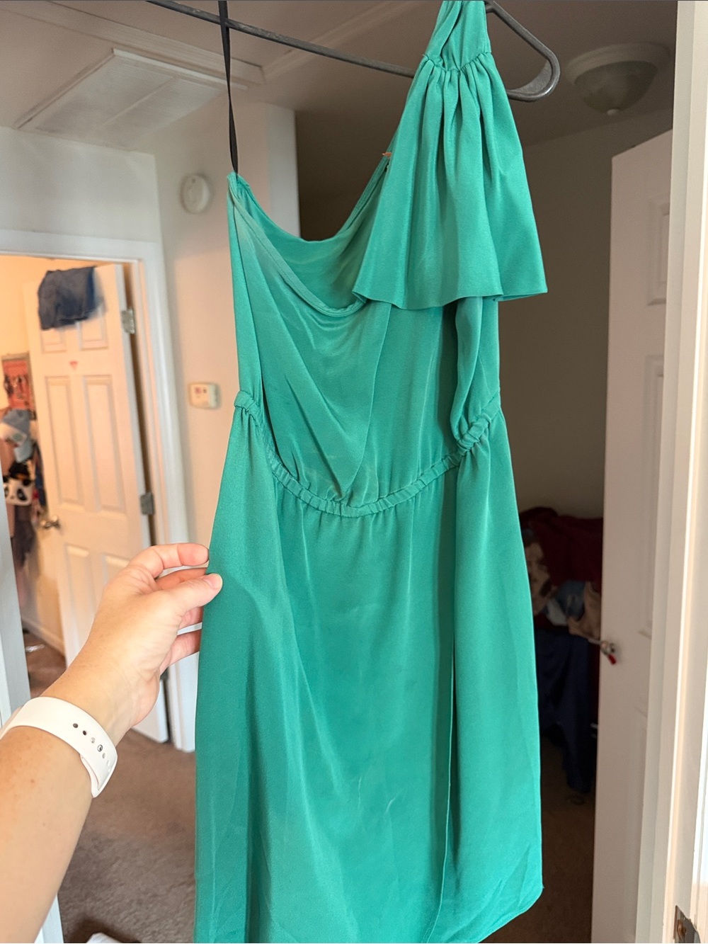 Anlo Teal One-Shoulder Gathered Waist Dress